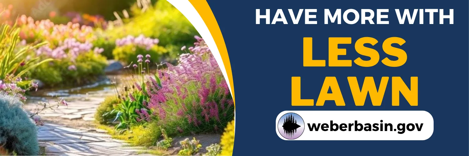 Have more with less lawn. A stone garden path lined with flowering plants. weberbasin.gov